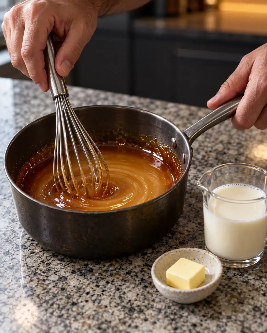 Whisking pale amber caramel in a saucepan with warm milk and butter beside it