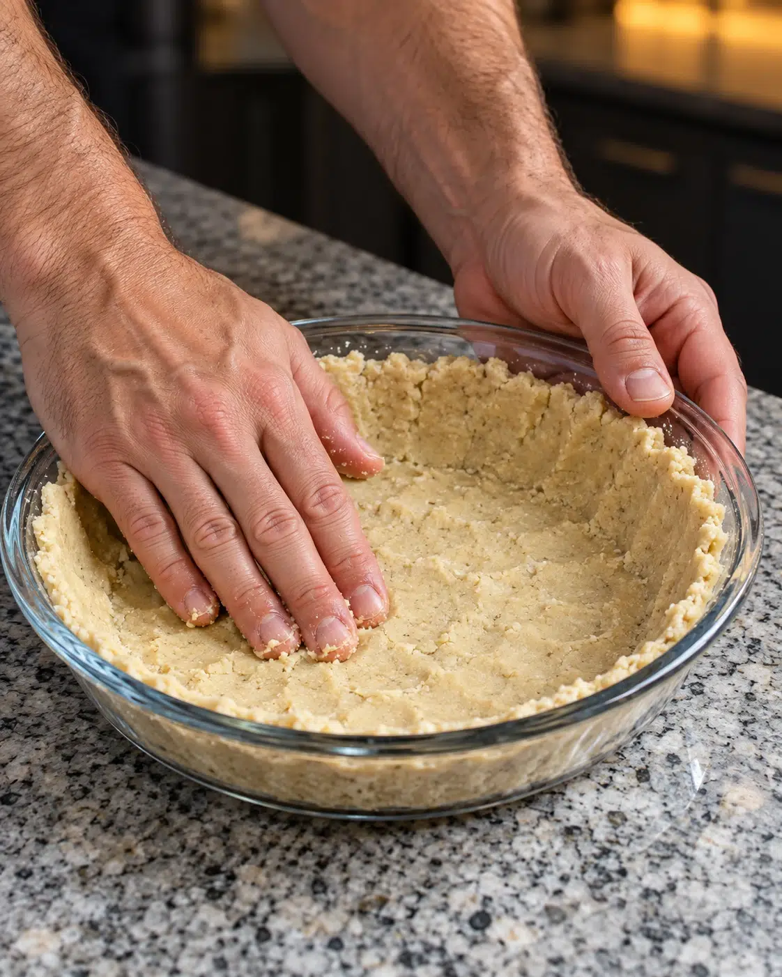 Hands pressing a raw almond flour crust into a clear glass pie dish