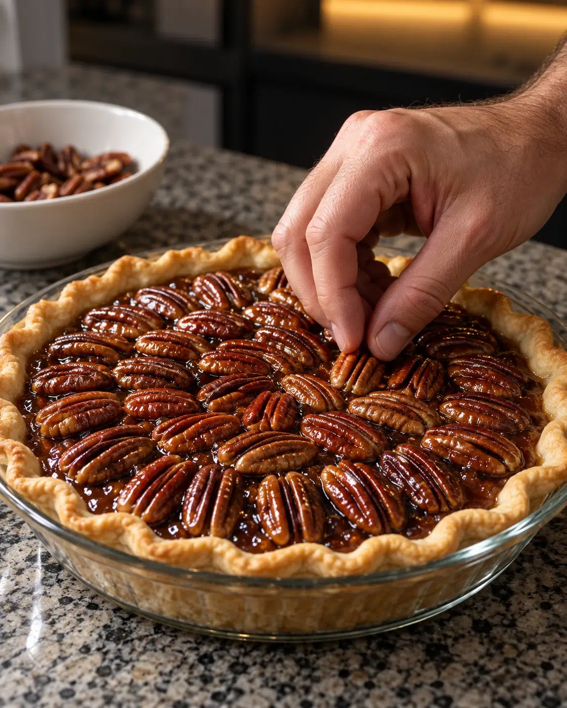 Whole pecan halves arranged over chocolate-caramel filling in a glass pie dish