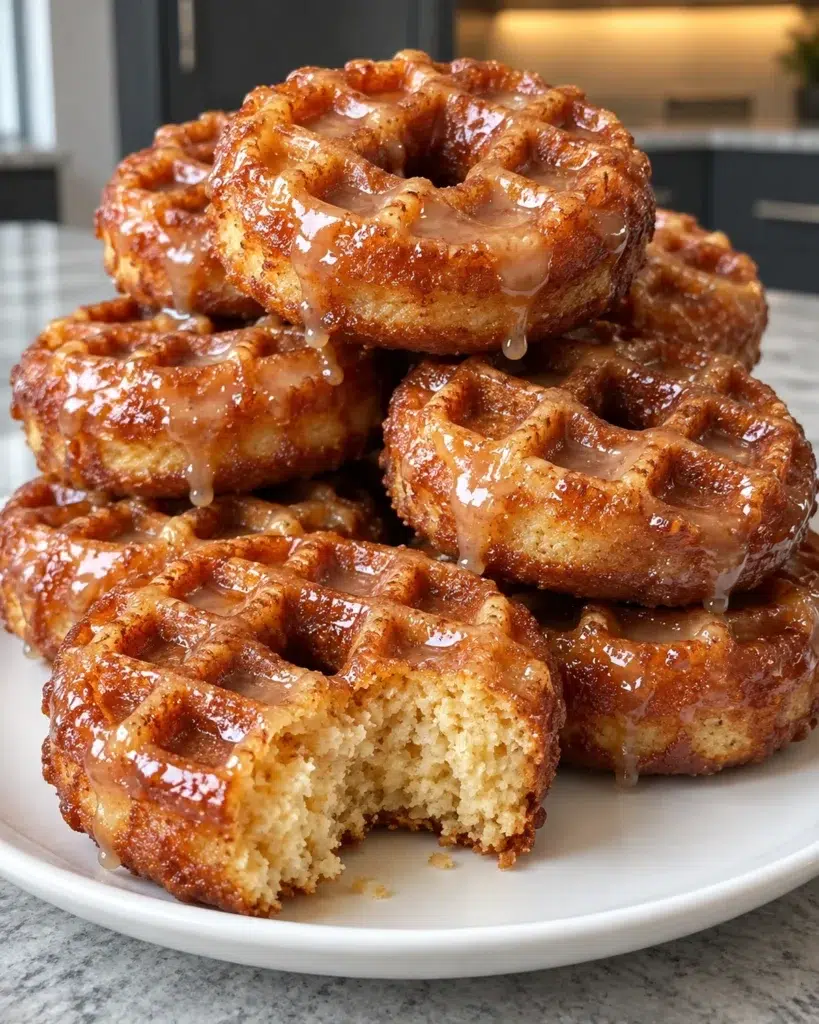 Stack of sugar-free caramel-glazed waffle donuts on a white plate, one with a bite taken