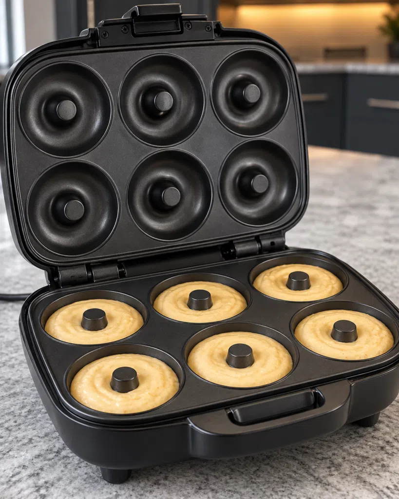 Waffle-donut maker cavities filled with golden batter