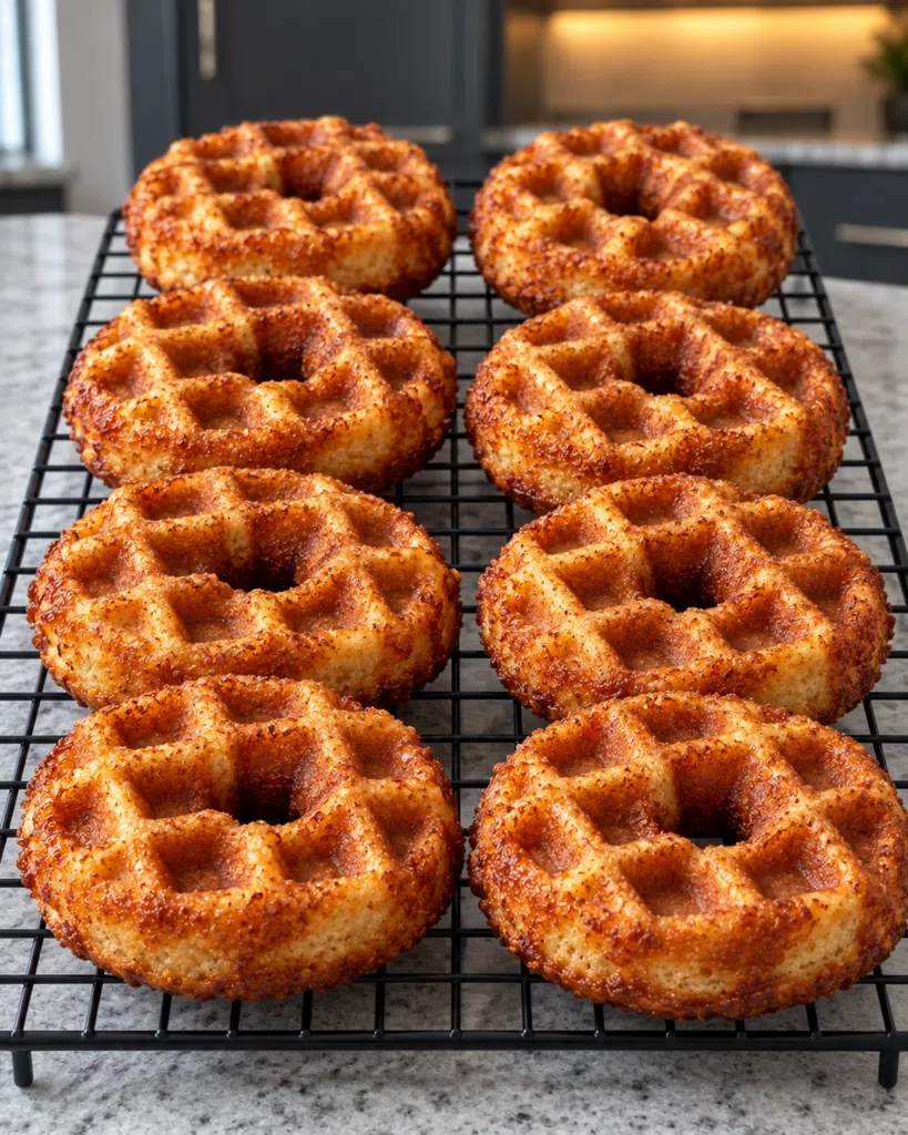 Golden unglazed waffle donuts cooling on a wire rack