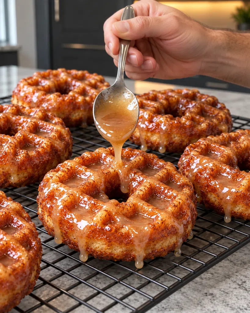 Caramel glaze being spooned over a waffle donut