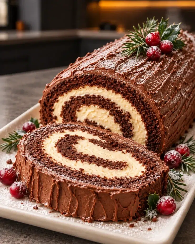 Sugar-free yule log cake with chocolate bark frosting, cranberries and rosemary, one slice cut