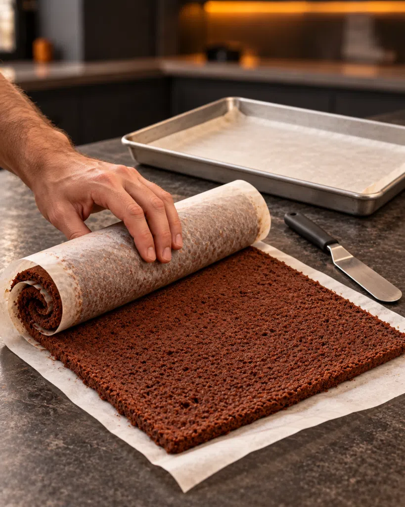 Warm chocolate sponge being rolled up in parchment beside the empty jelly-roll pan