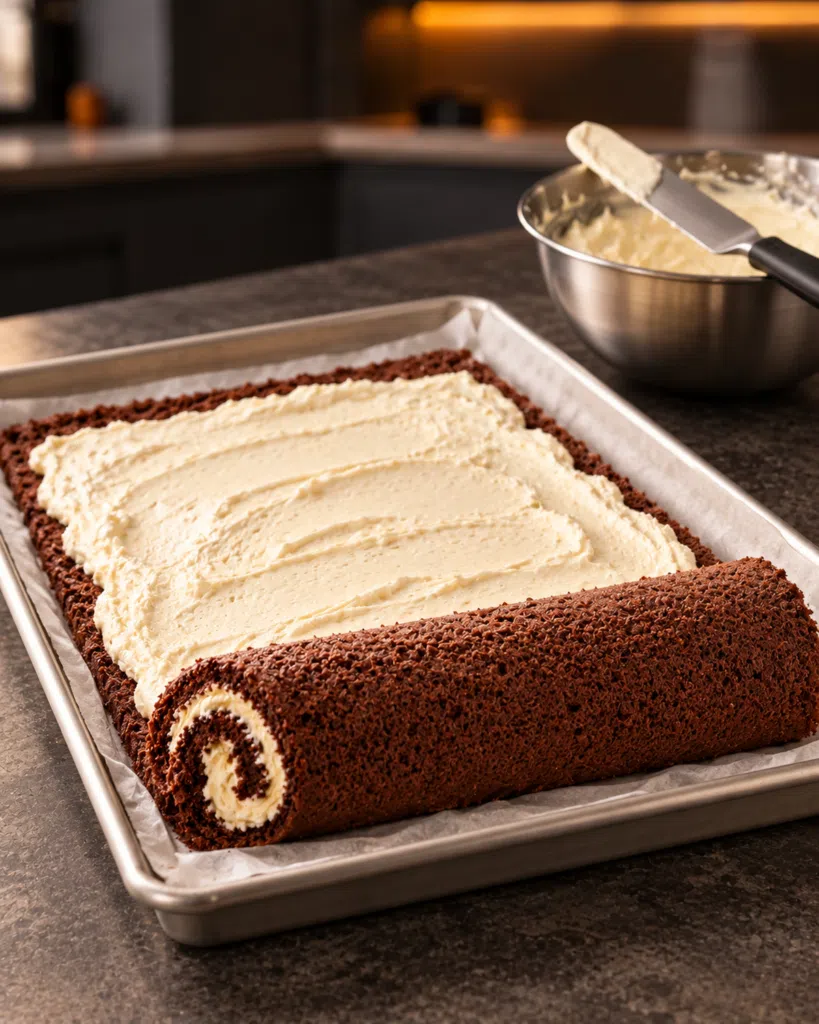 Chocolate sponge spread with white filling and being re-rolled into a spiral