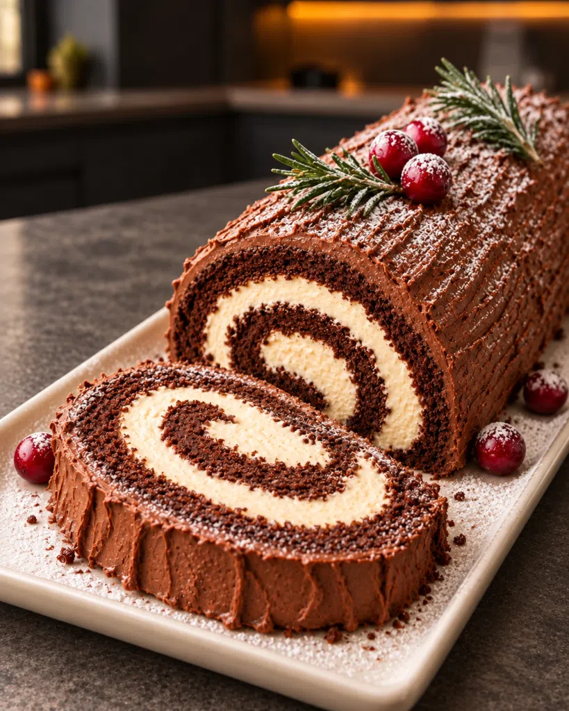 Sugar-free yule log cake with bark ridges, cranberries and rosemary, a slice showing the spiral