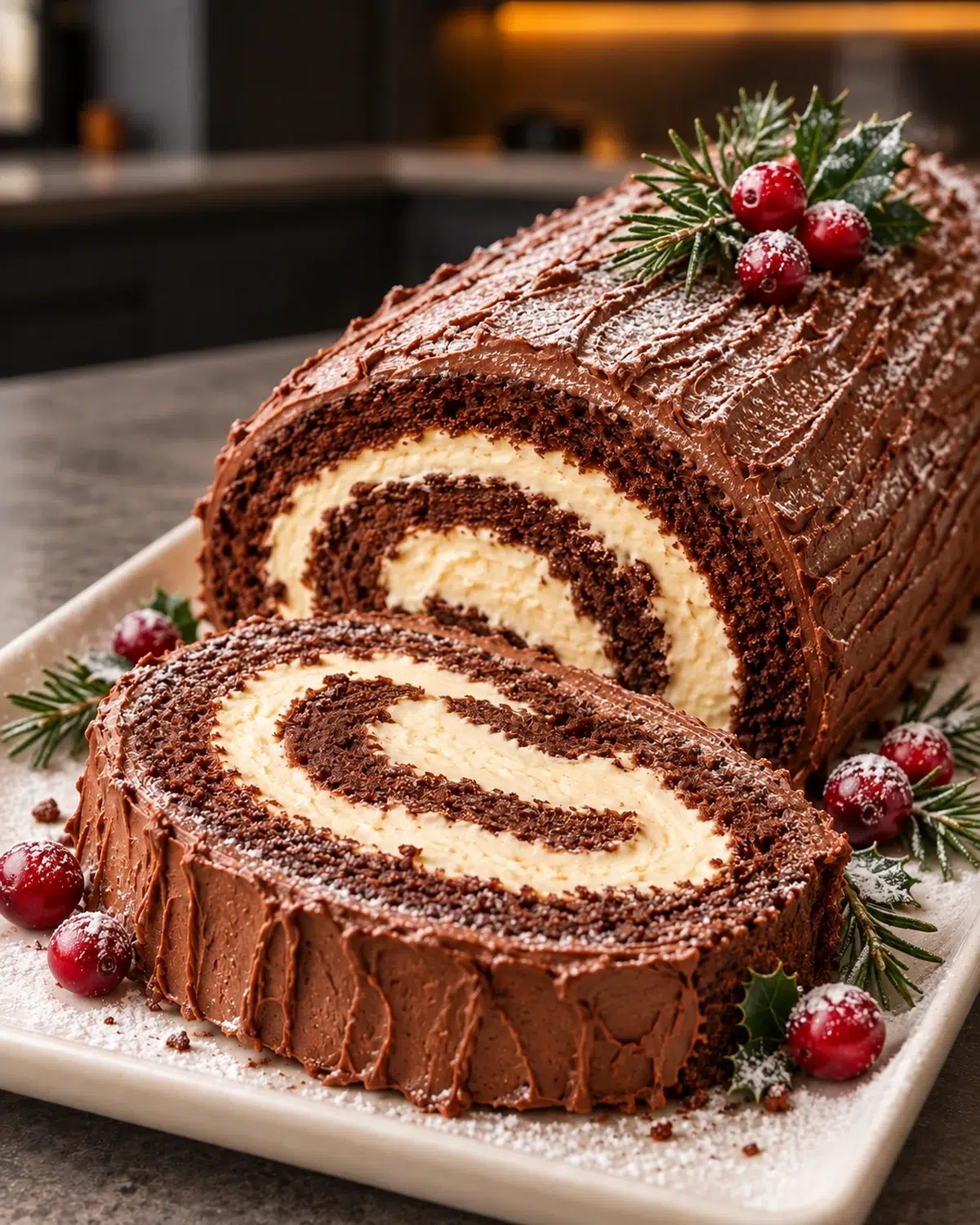 Sugar-free yule log cake with chocolate bark frosting, cranberries and rosemary, one slice cut