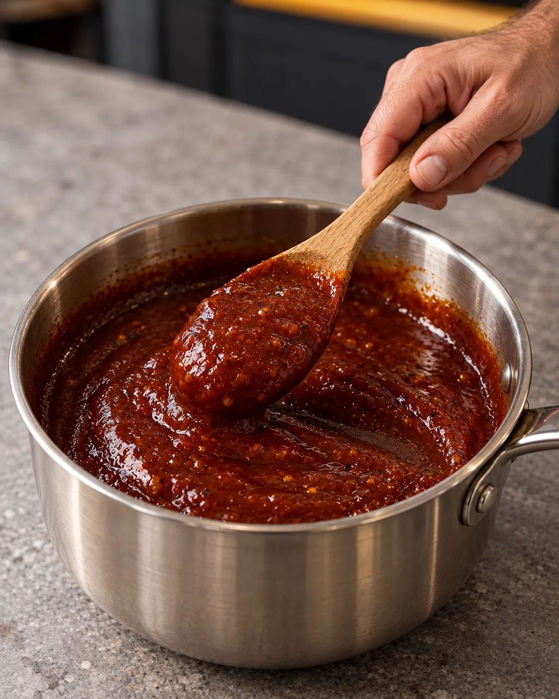 Thick barbecue sauce clinging to a wooden spoon in a stainless saucepan