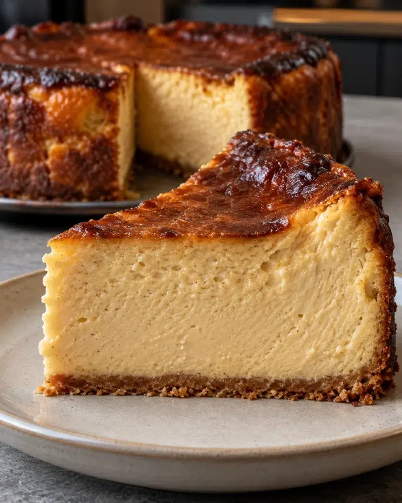 Sugar-free apple cider cheesecake slice on a stone plate beside the whole browned springform cake